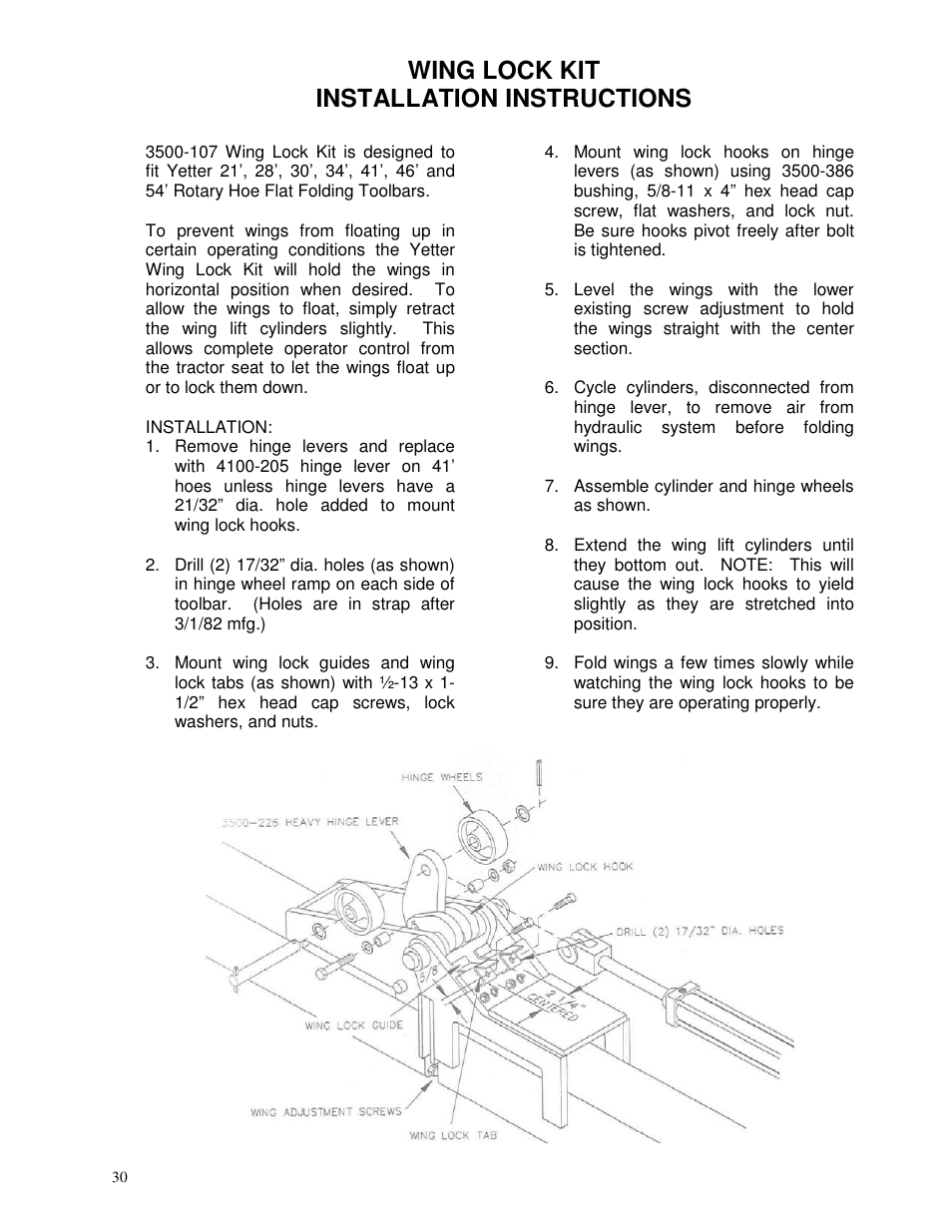 Wing lock kit installation instructions | Yetter 3500 Series Toolbar Rotary Hoe User Manual | Page 30 / 36