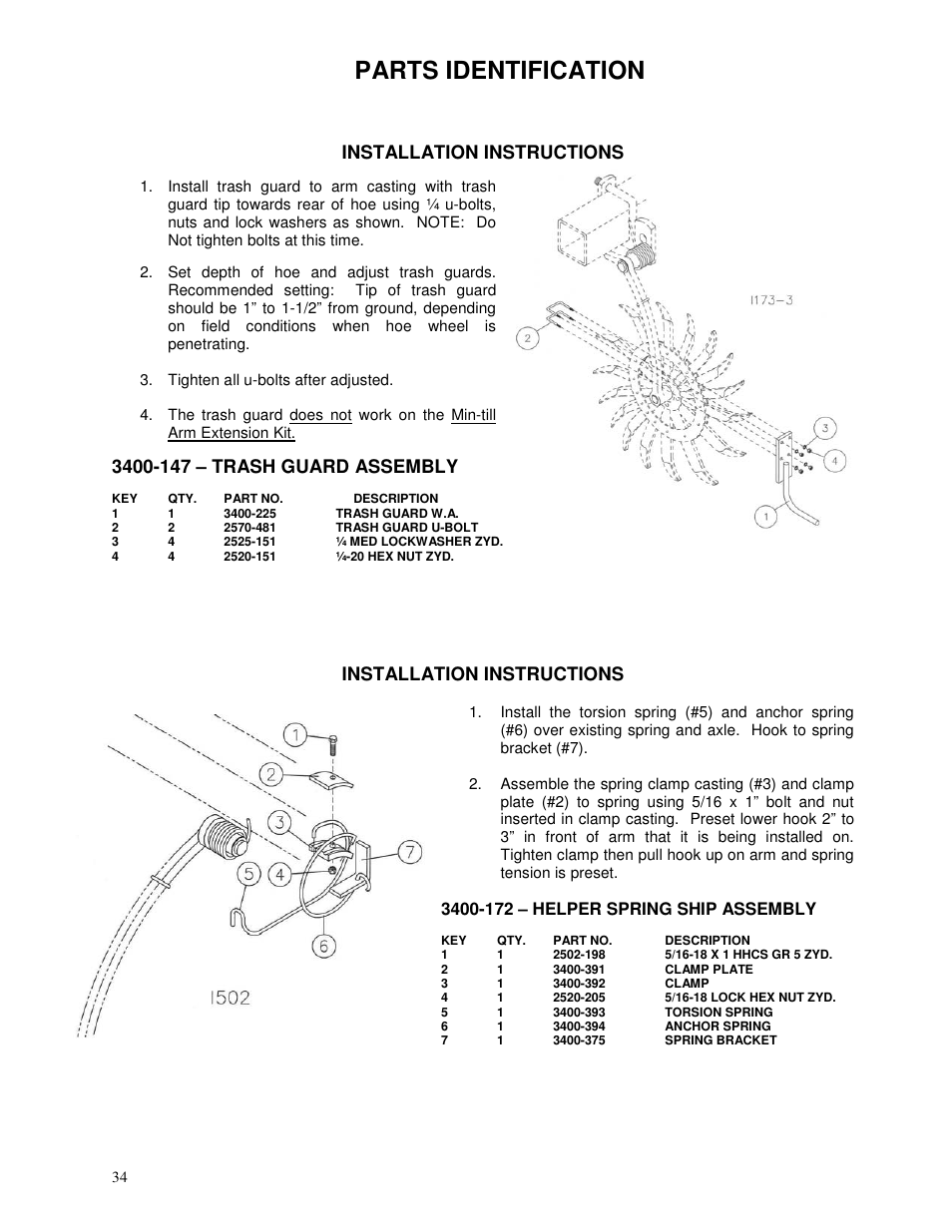 Parts identification, Installation instructions | Yetter 3500 Series Toolbar Rotary Hoe User Manual | Page 34 / 36