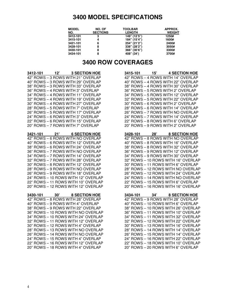 3400 model specifications, 3400 row coverages | Yetter 3500 Series Toolbar Rotary Hoe User Manual | Page 4 / 36