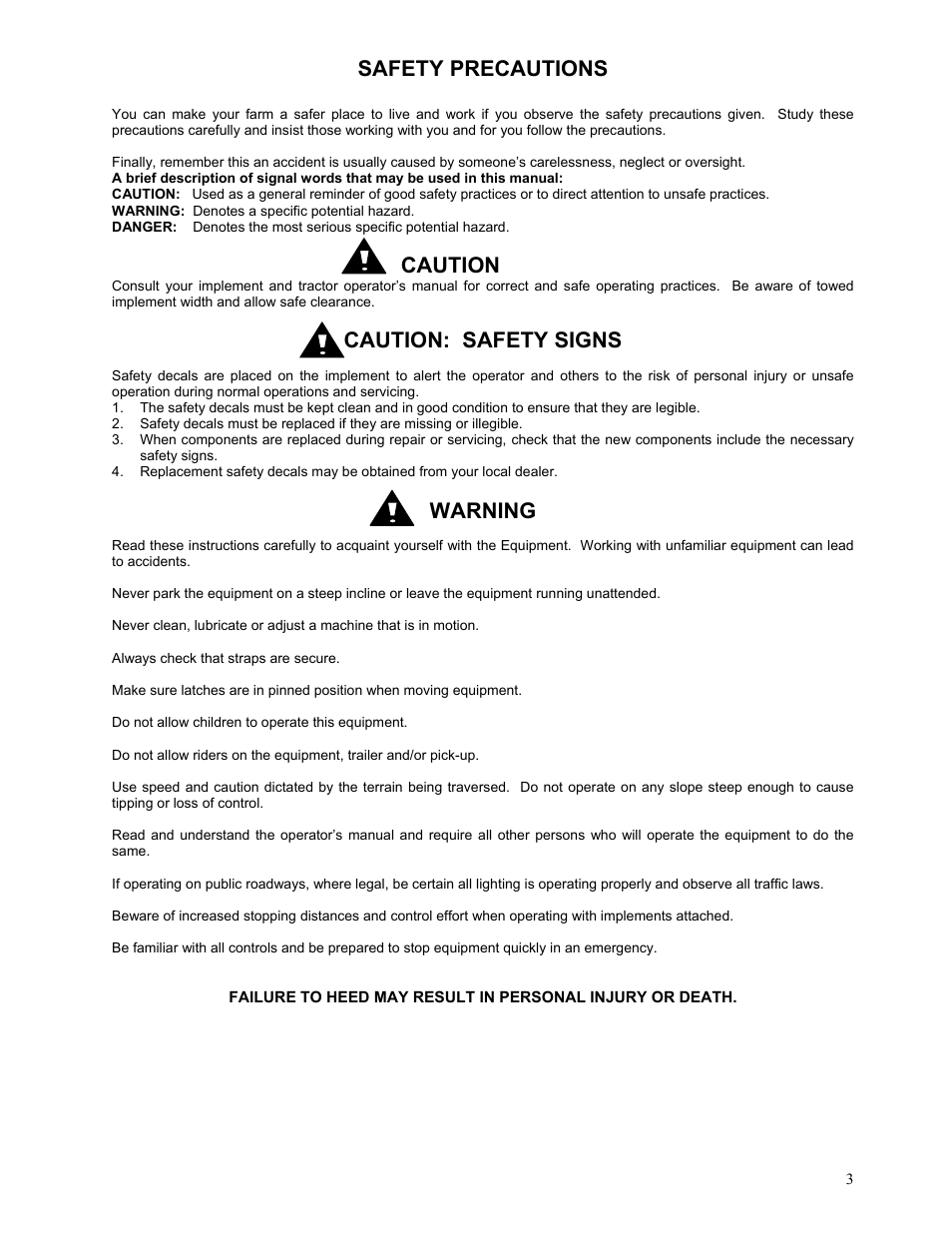 Safety precautions, Caution, Caution: safety signs | Warning | Yetter 3600 Series Fertilizer Toolbar for Self Propelled Sprayers User Manual | Page 3 / 20