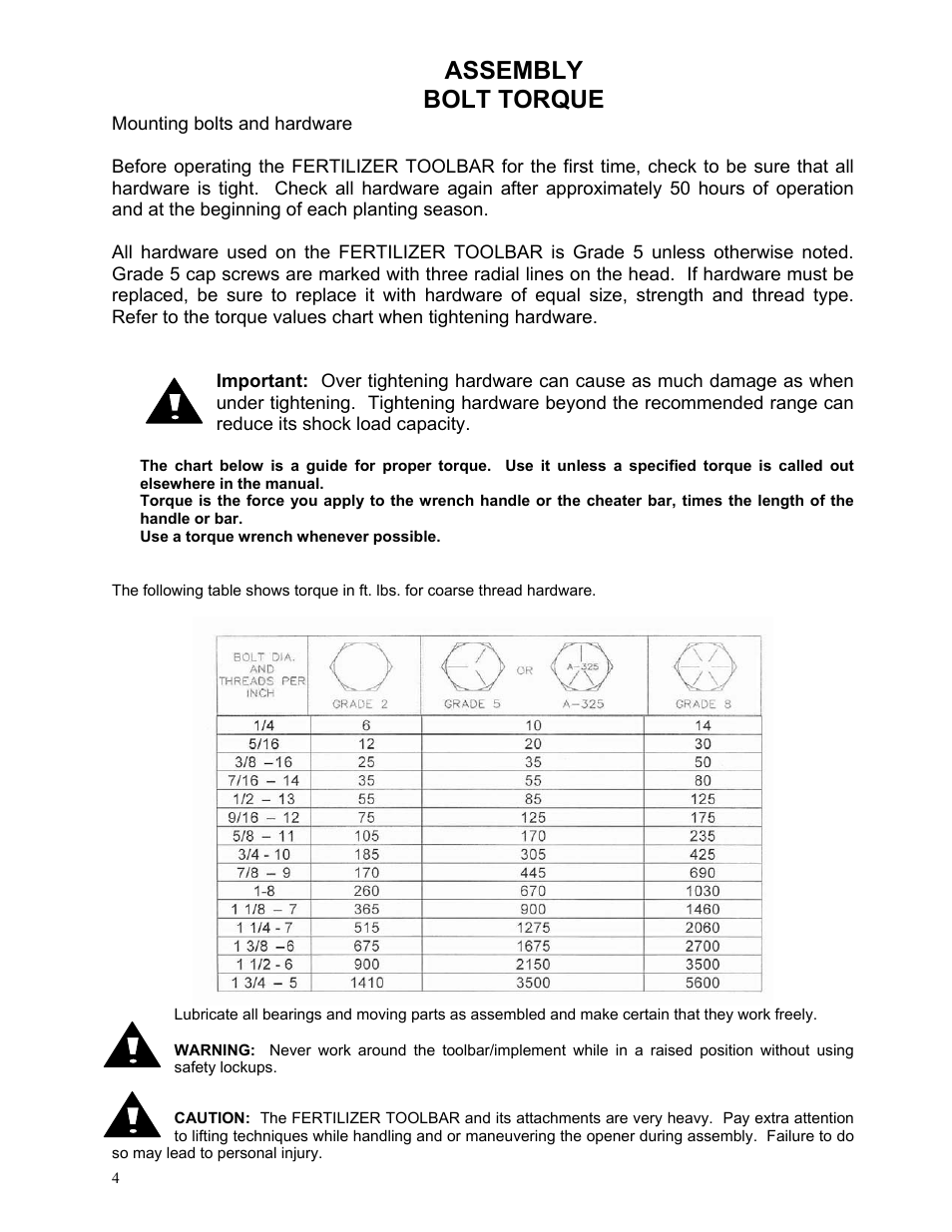 Assembly bolt torque | Yetter 3600 Series Fertilizer Toolbar for Self Propelled Sprayers User Manual | Page 4 / 20