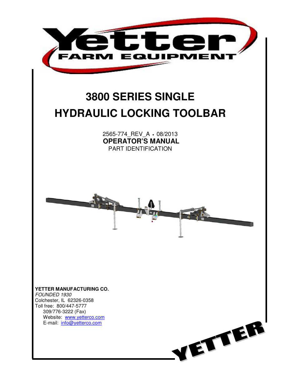 Yetter 3800 Series Single Hydraulic Locking Toolbar User Manual | 24 pages