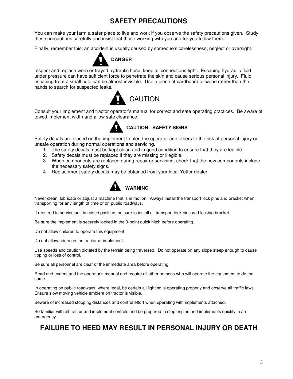 Safety precautions, Caution | Yetter 3800 Series Single Hydraulic Locking Toolbar User Manual | Page 3 / 24