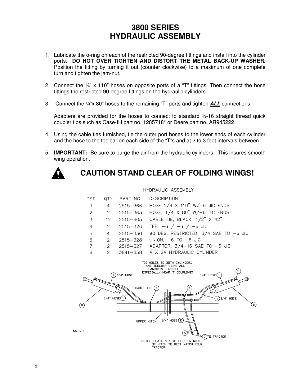 3800 series hydraulic assembly, Caution stand clear of folding wings | Yetter 3800 Series Single Hydraulic Locking Toolbar User Manual | Page 6 / 24