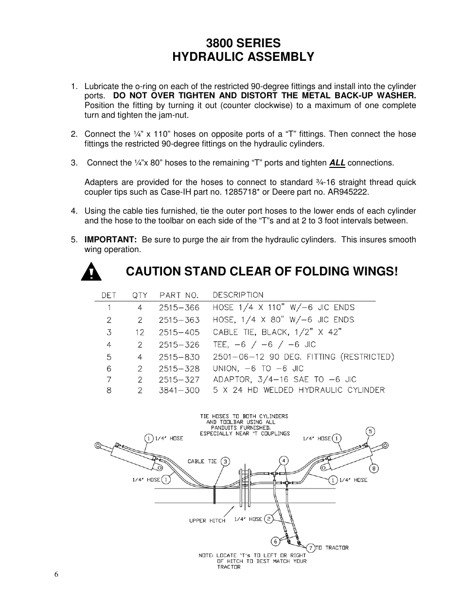 3800 series hydraulic assembly, Caution stand clear of folding wings | Yetter 3800 Series Double Heavy Duty Folding Toolbar User Manual | Page 6 / 24