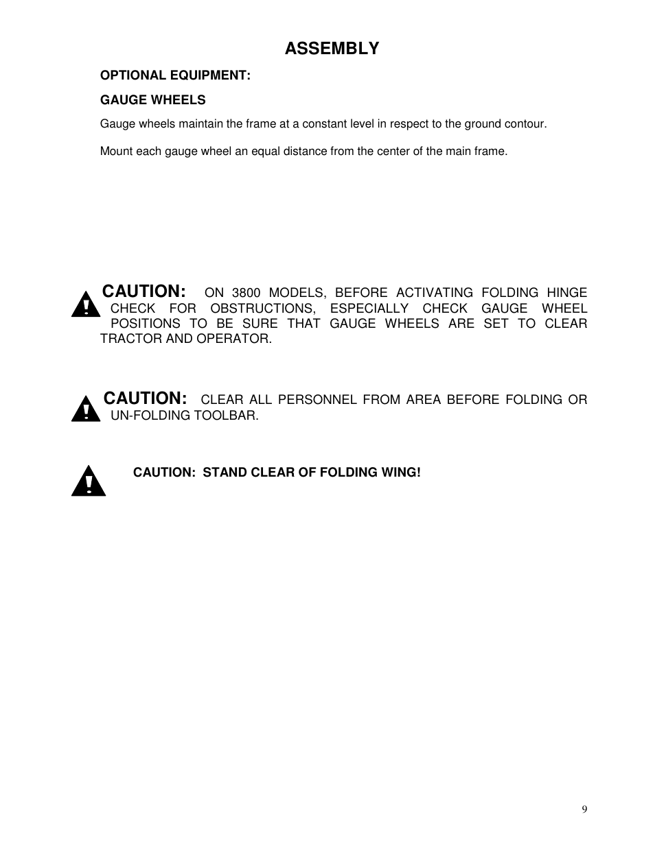 Assembly, Caution | Yetter 3800 Series Double Heavy Duty Folding Toolbar User Manual | Page 9 / 24