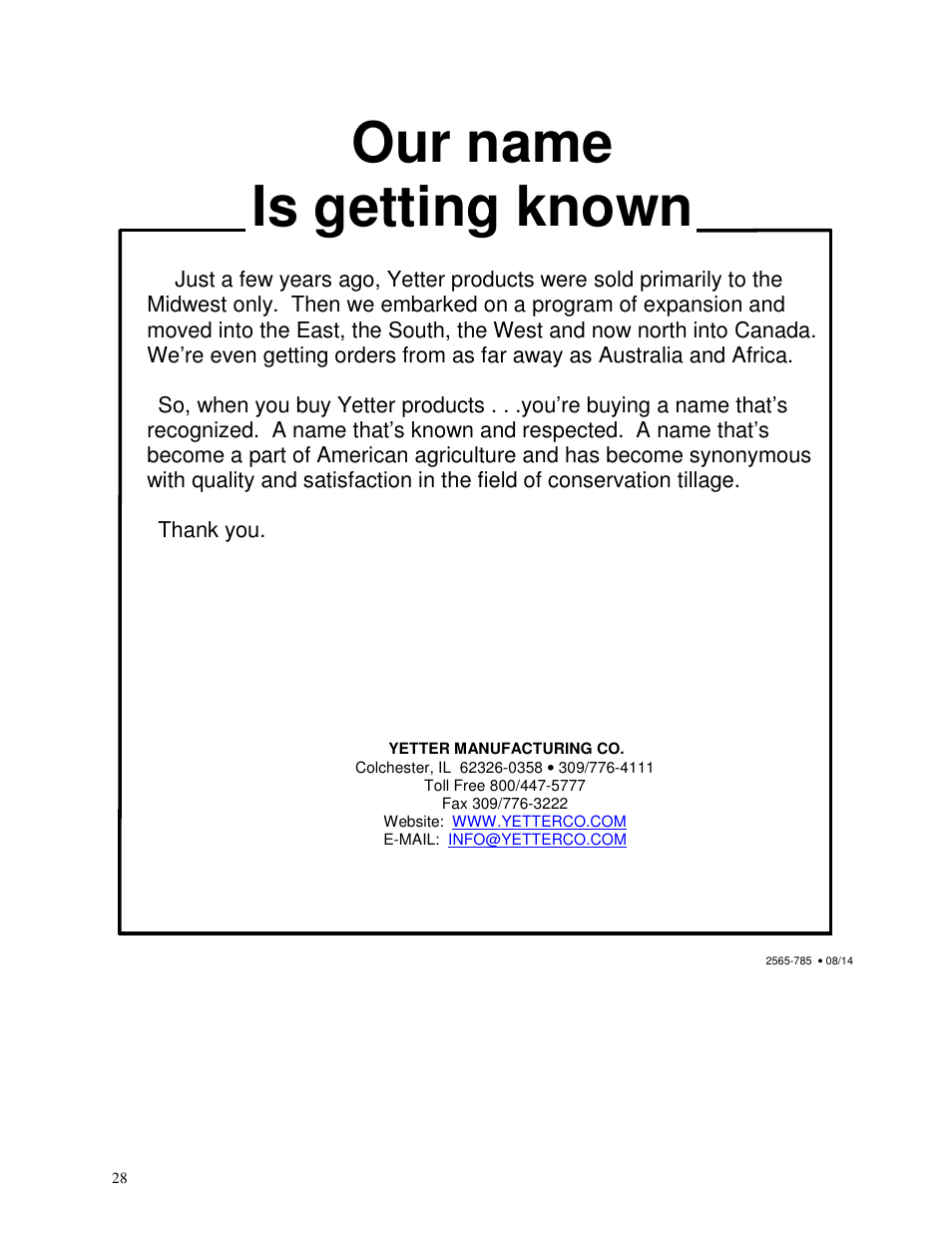 Our name, Is getting known | Yetter 5000-028 Stalk Devastator User Manual | Page 28 / 28