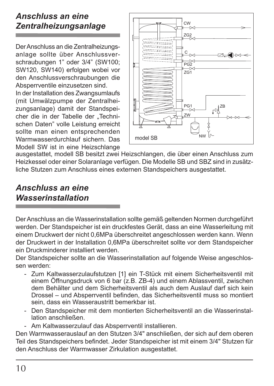 Anschluss an eine zentralheizungsanlage, Anschluss an eine wasserinstallation | KOSPEL SW User Manual | Page 10 / 40