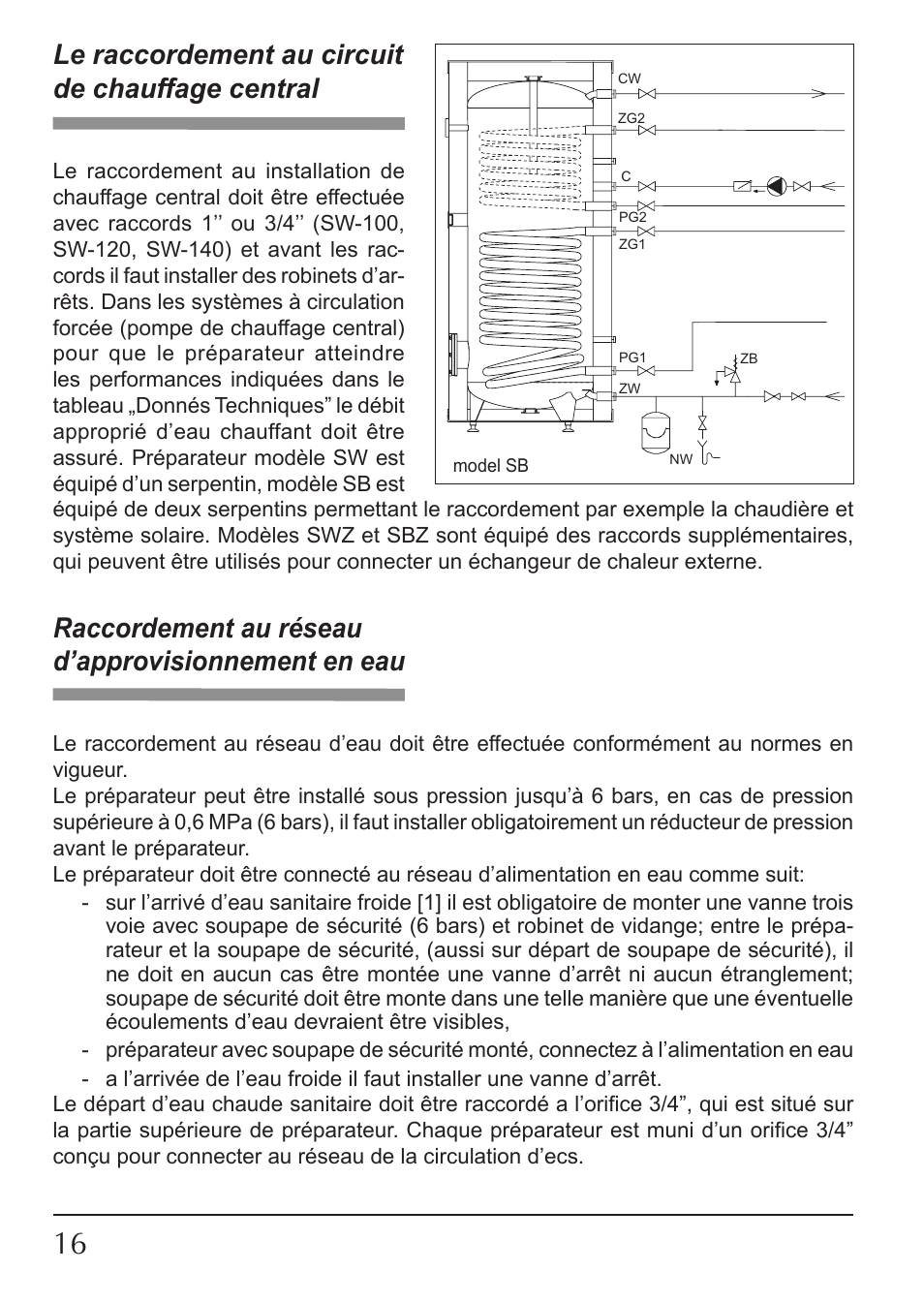 Le raccordement au circuit de chauffage central, Raccordement au réseau d’approvisionnement en eau | KOSPEL SW User Manual | Page 16 / 40