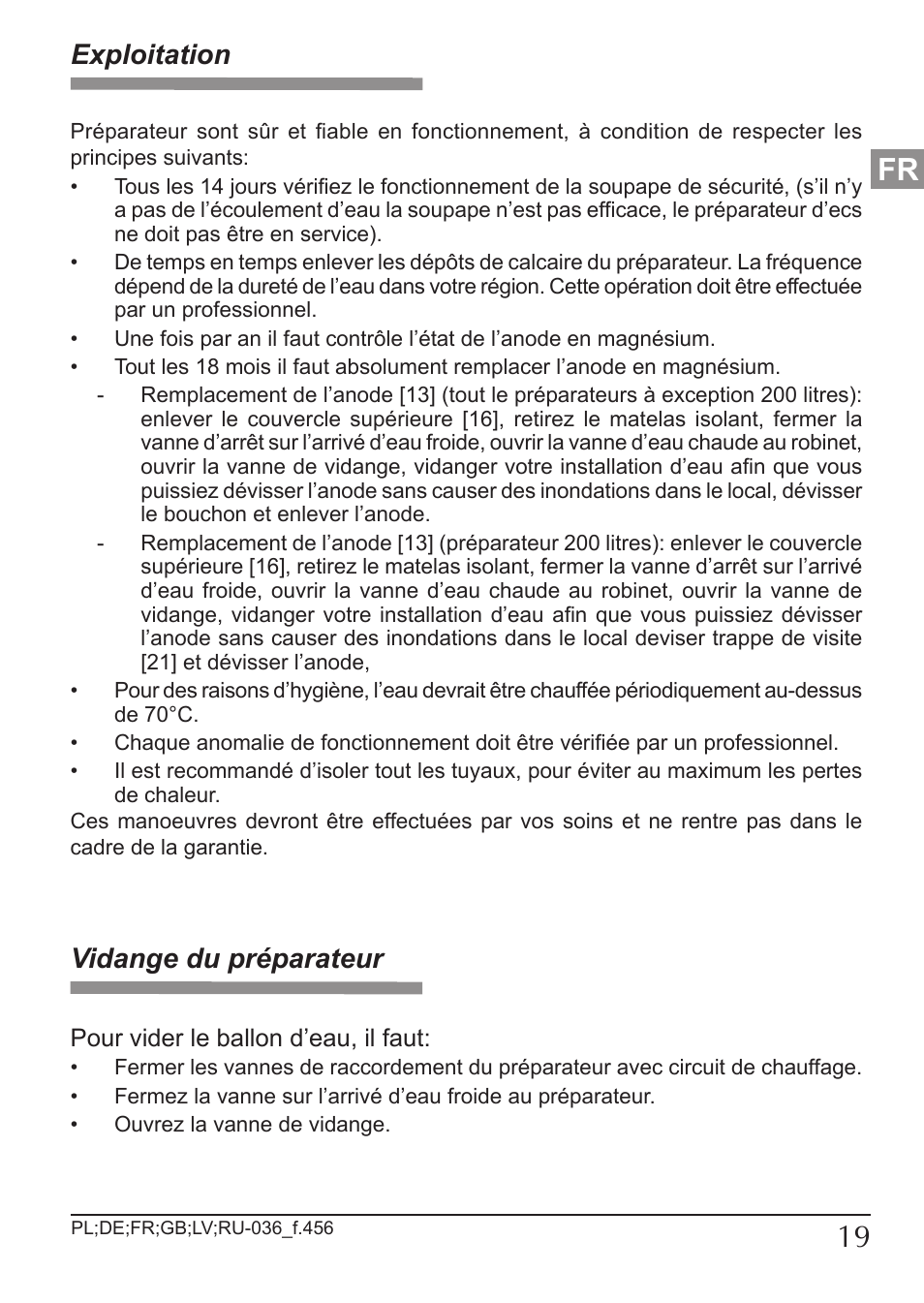 Exploitation, Vidange du préparateur | KOSPEL SW User Manual | Page 19 / 40