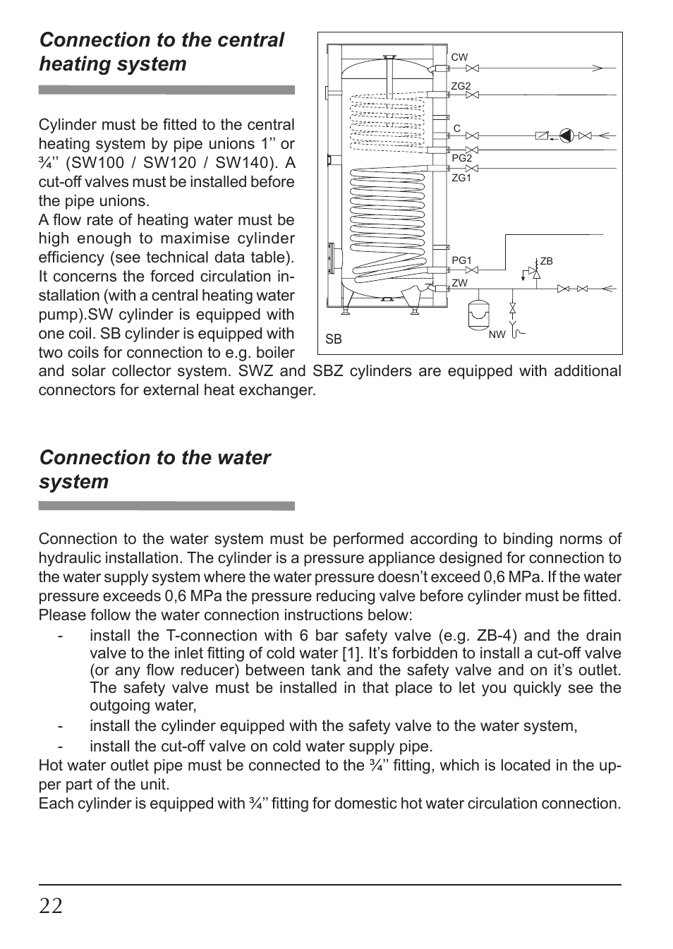 Connection to the central heating system, Connection to the water system | KOSPEL SW User Manual | Page 22 / 40