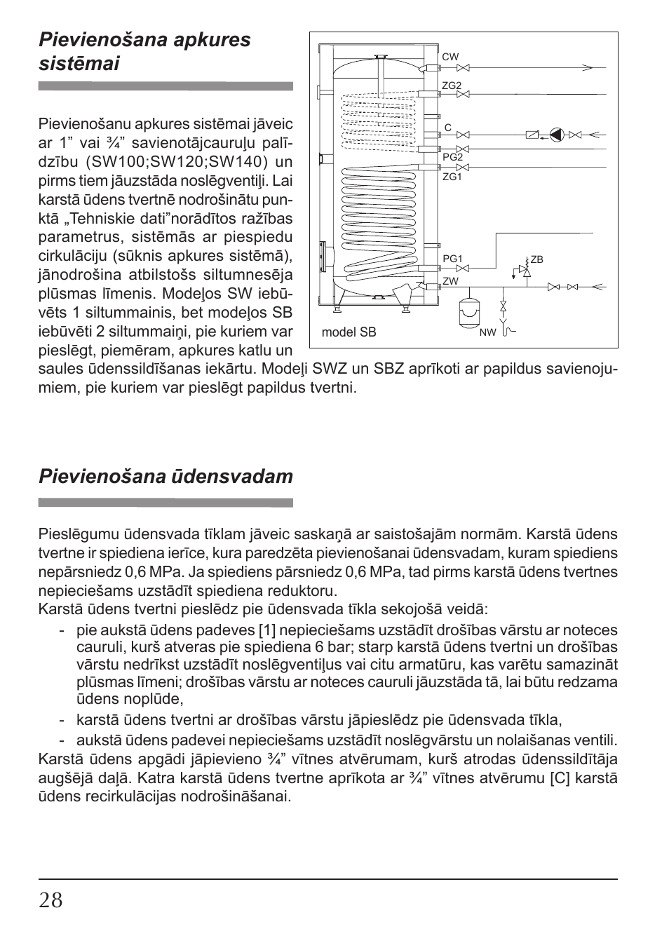 Pievienošana apkures sistēmai, Pievienošana ūdensvadam | KOSPEL SW User Manual | Page 28 / 40