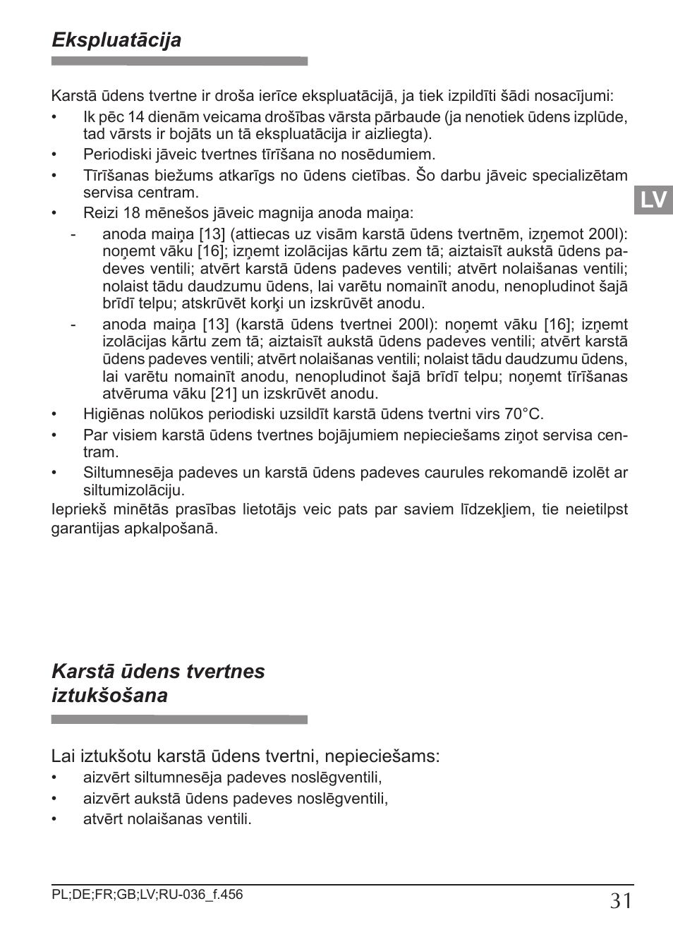 Ekspluatācija, Karstā ūdens tvertnes iztukšošana | KOSPEL SW User Manual | Page 31 / 40