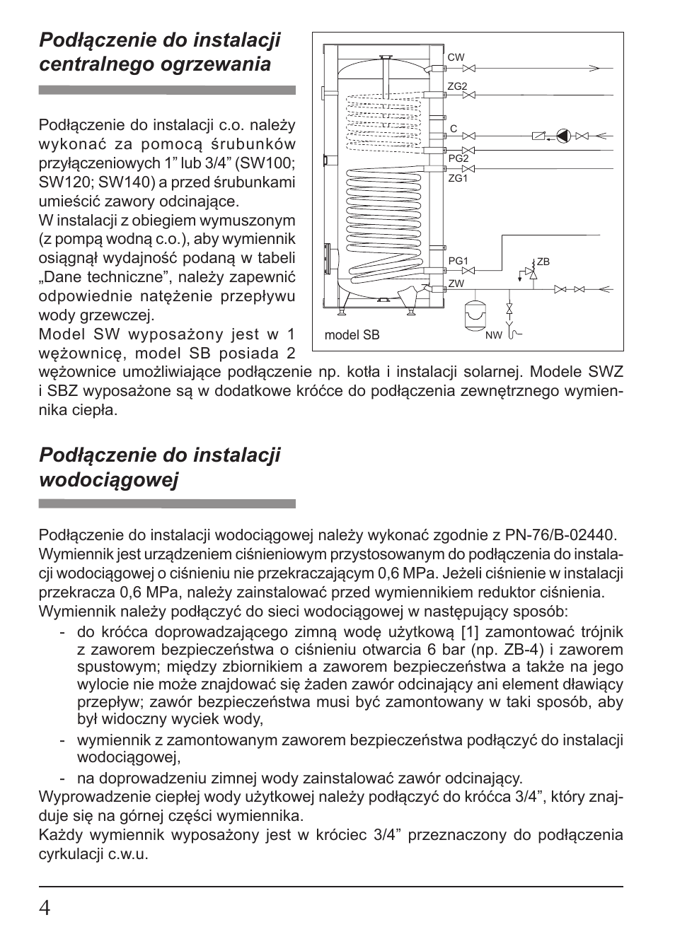 Podłączenie do instalacji centralnego ogrzewania, Podłączenie do instalacji wodociągowej | KOSPEL SW User Manual | Page 4 / 40