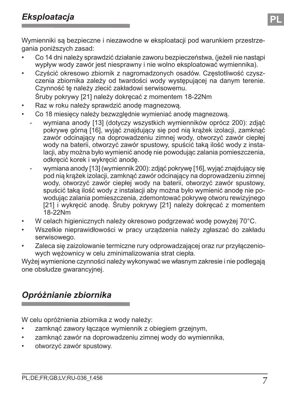 Eksploatacja, Opróżnianie zbiornika | KOSPEL SW User Manual | Page 7 / 40