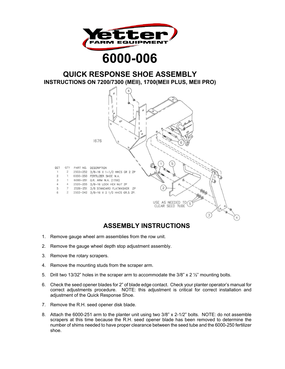 Yetter 6000-006 Quick Response Shoe Assembly - 7200/7300 (MEII), 1700 (MEII Plus, MEII Pro) User Manual | 2 pages
