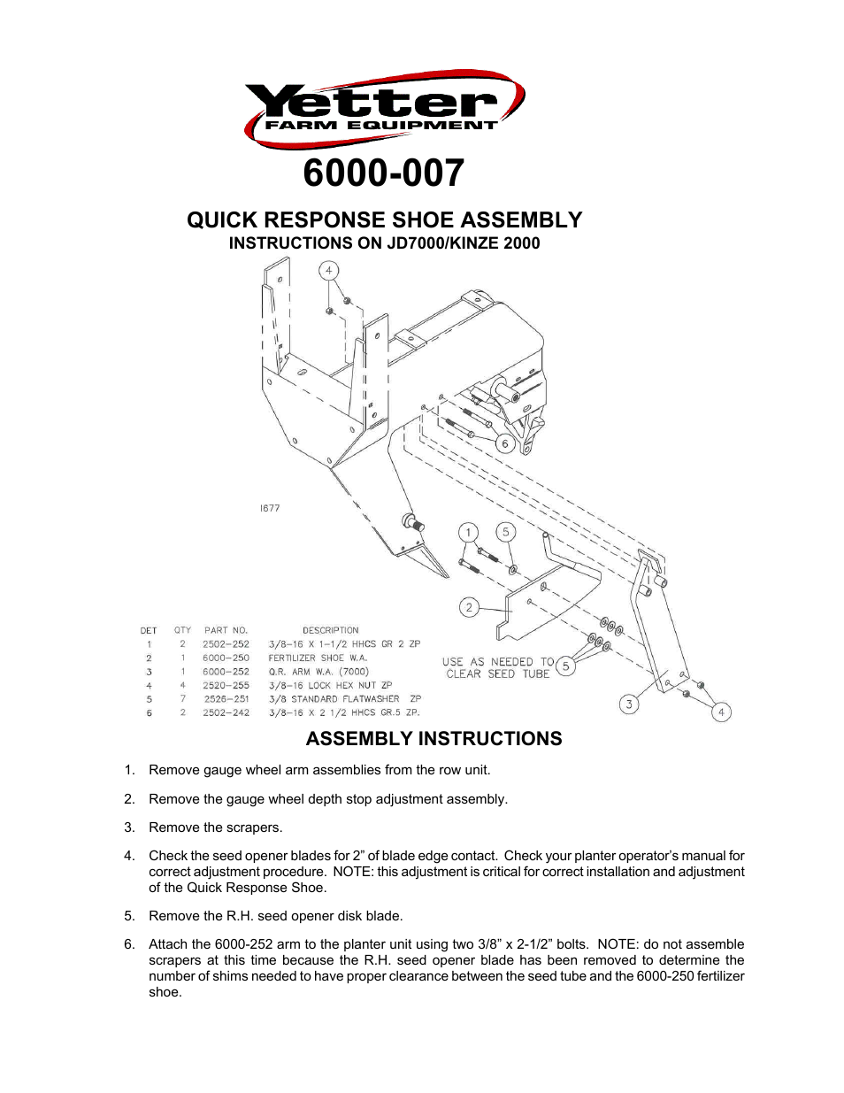 Yetter 6000-007 Quick Response Shoe Assembly - JD7000/ Kinze 2000 User Manual | 2 pages