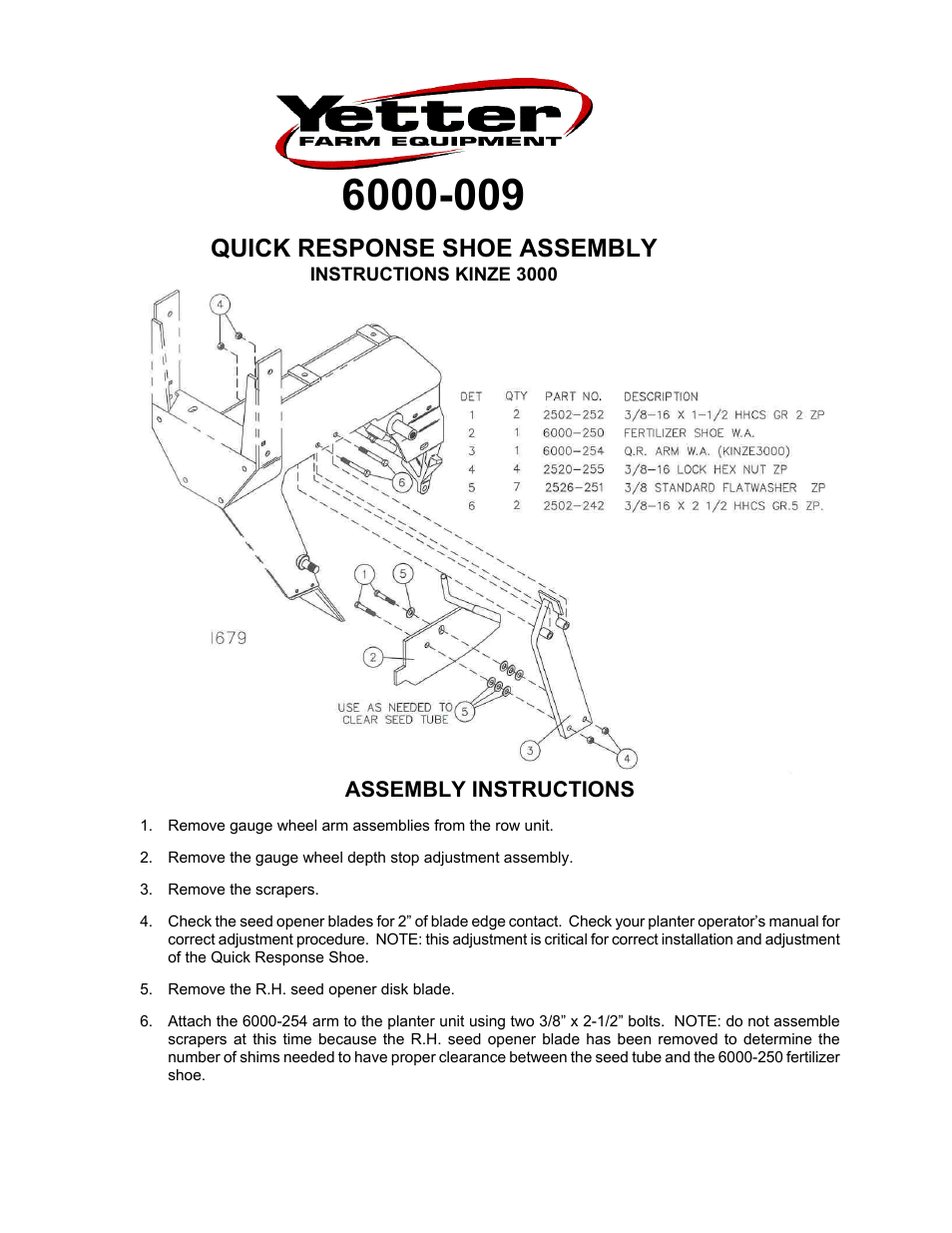 Yetter 6000-009 Quick Response Shoe Assembly - Kinze 3000 User Manual | 2 pages