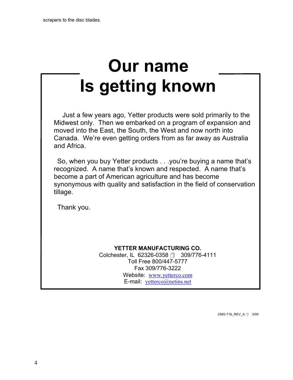 Our name is getting known | Yetter 6000-012 Tuffwear Scraper User Manual | Page 4 / 4