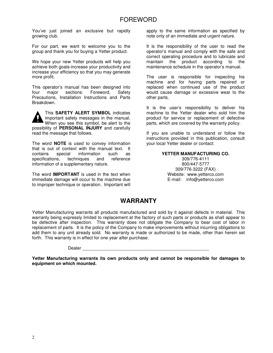 Foreword, Warranty | Yetter 6150 Series Markers User Manual | Page 2 / 52
