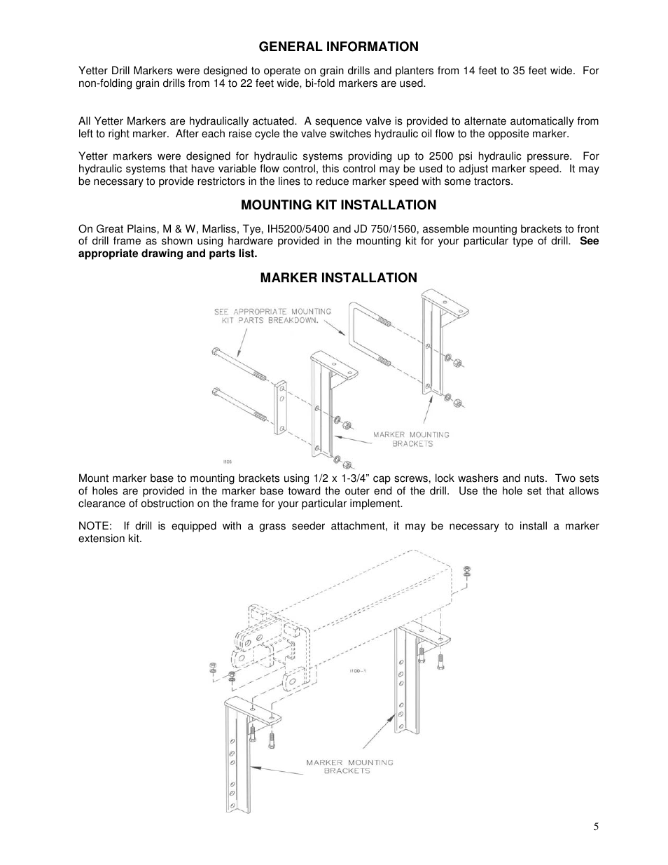 General information, Mounting kit installation, Marker installation | Yetter 6150 Series Markers User Manual | Page 5 / 52