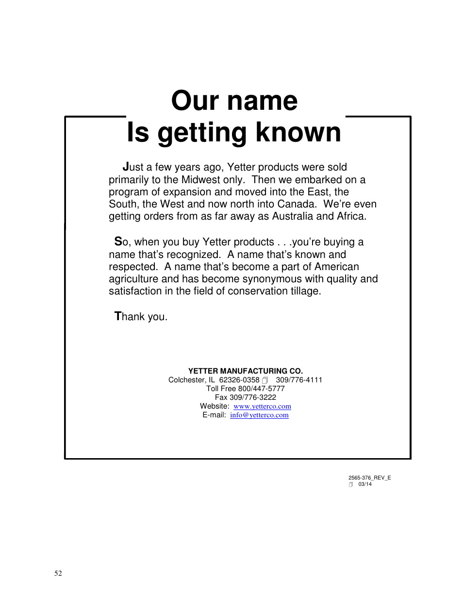 Our name is getting known | Yetter 6150 Series Markers User Manual | Page 52 / 52