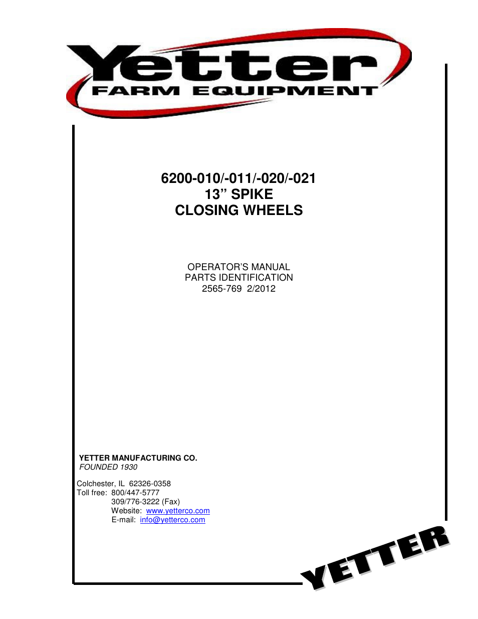 Yetter 6200-021 13 Spike Closing Wheels User Manual | 12 pages