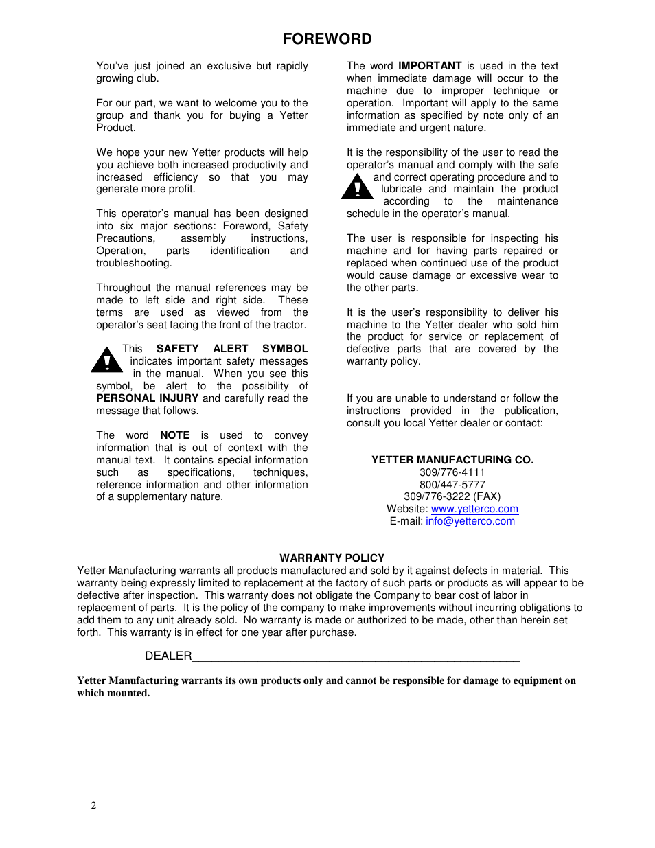 Foreword | Yetter 6200-021 13 Spike Closing Wheels User Manual | Page 2 / 12