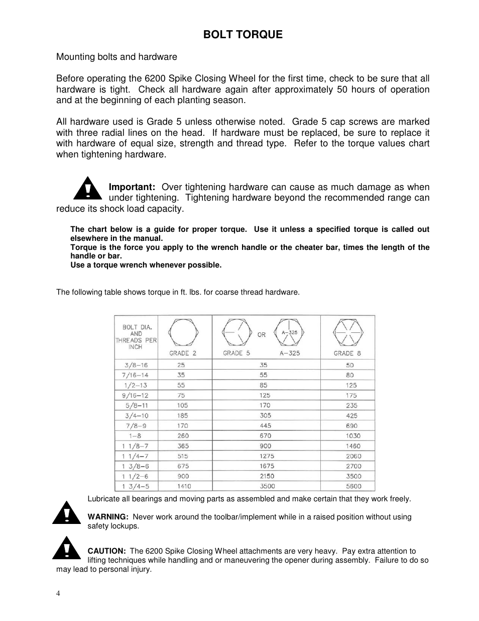 Bolt torque | Yetter 6200-021 13 Spike Closing Wheels User Manual | Page 4 / 12