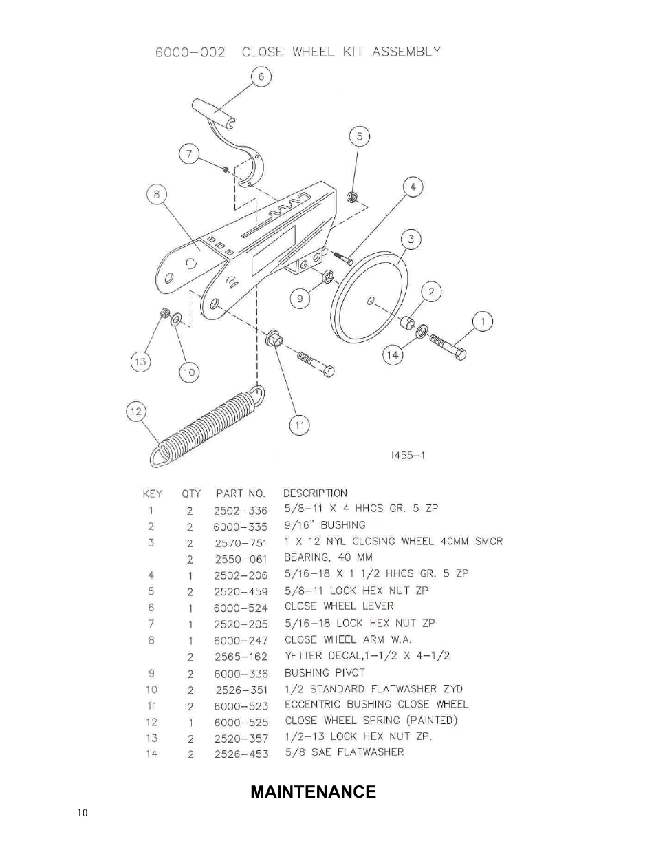 Maintenance | Yetter 6200-109 V-Close Wheel Kit CNH Row Unit User Manual | Page 10 / 13