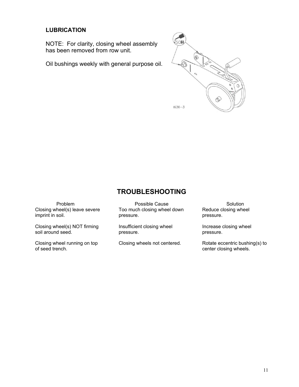 Troubleshooting | Yetter 6200-109 V-Close Wheel Kit CNH Row Unit User Manual | Page 11 / 13