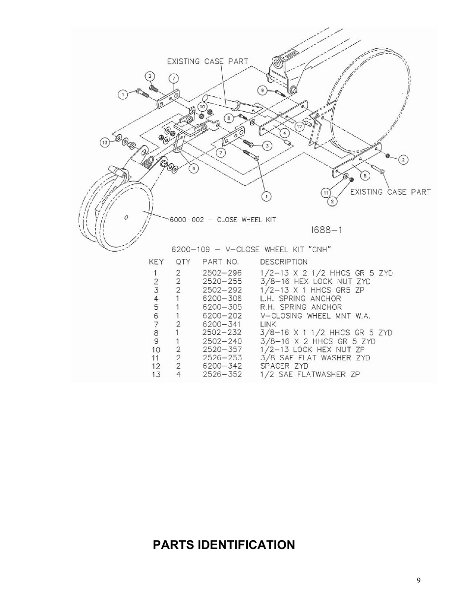 Parts identification | Yetter 6200-109 V-Close Wheel Kit CNH Row Unit User Manual | Page 9 / 13