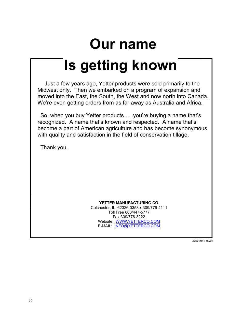 Our name, Is getting known | Yetter Bar Kit Manual User Manual | Page 36 / 36