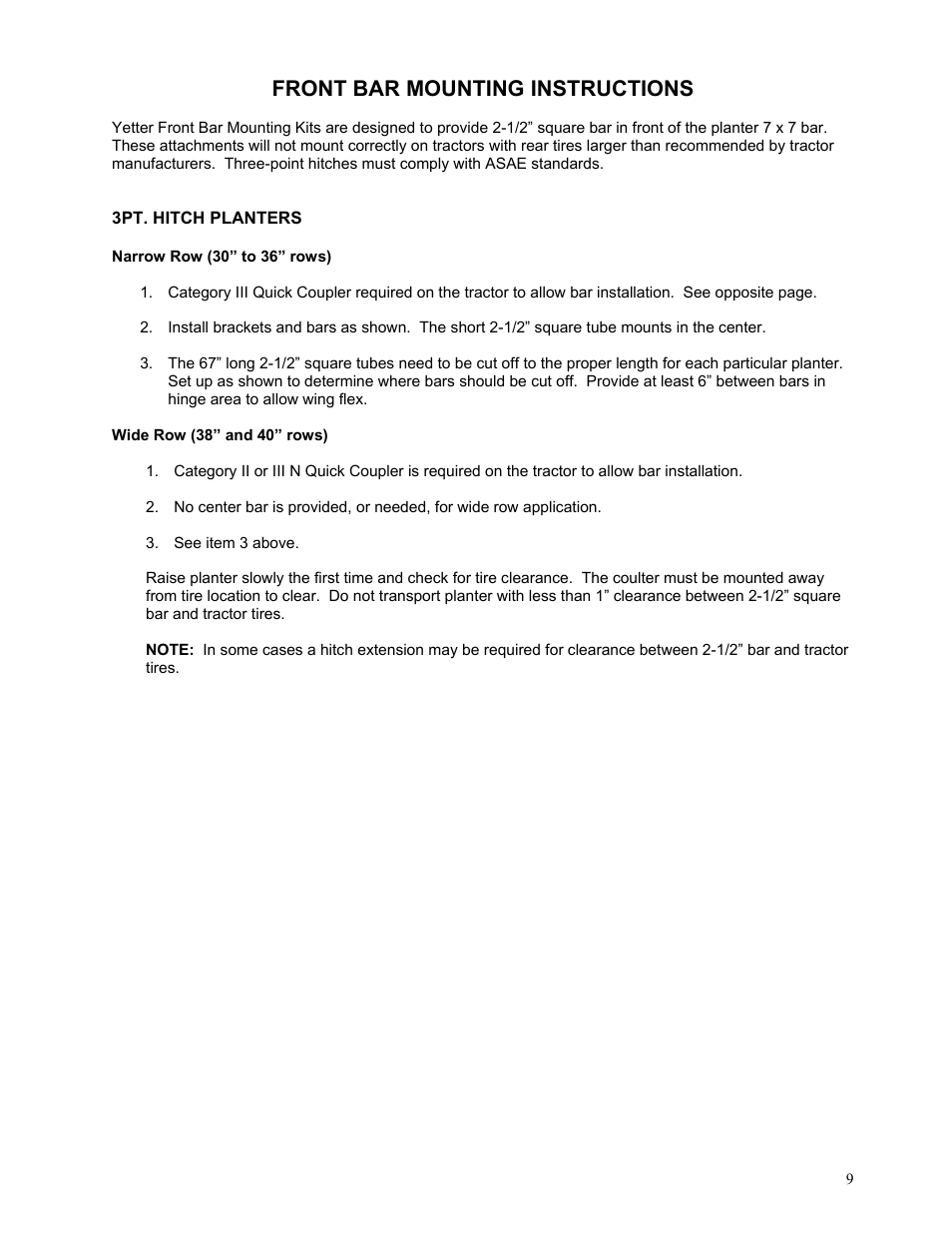 Front bar mounting instructions | Yetter Bar Kit Manual User Manual | Page 9 / 36
