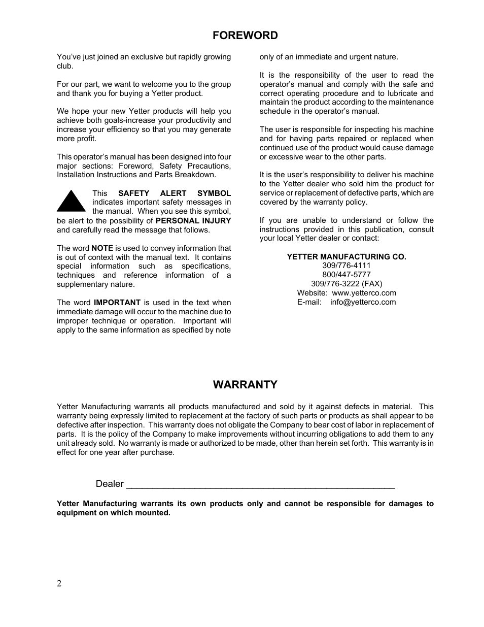 Foreword, Warranty | Yetter Double Hub No-Till Coulter User Manual | Page 2 / 16