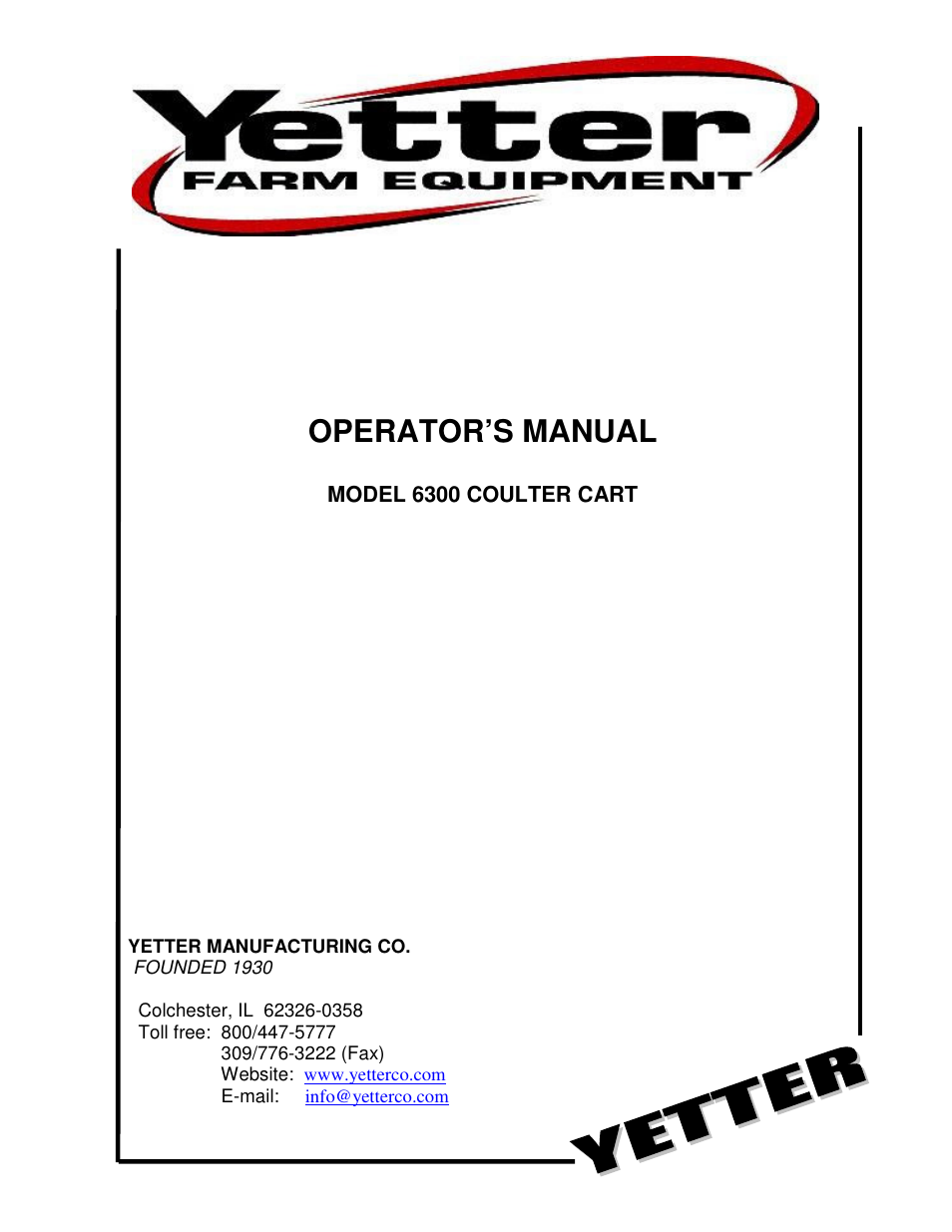 Yetter 6300 Coulter Cart User Manual | 36 pages