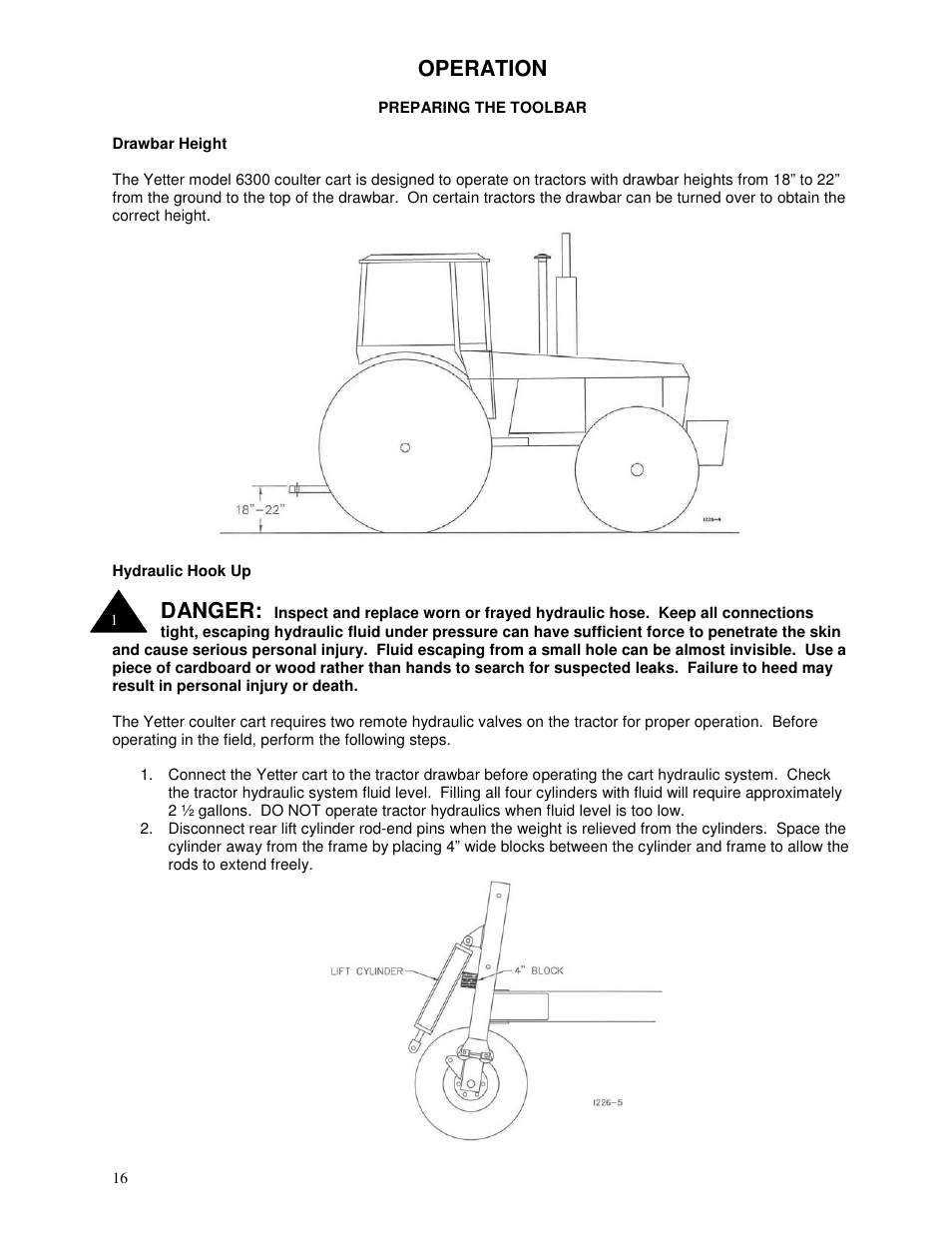 Operation, Danger | Yetter 6300 Coulter Cart User Manual | Page 16 / 36