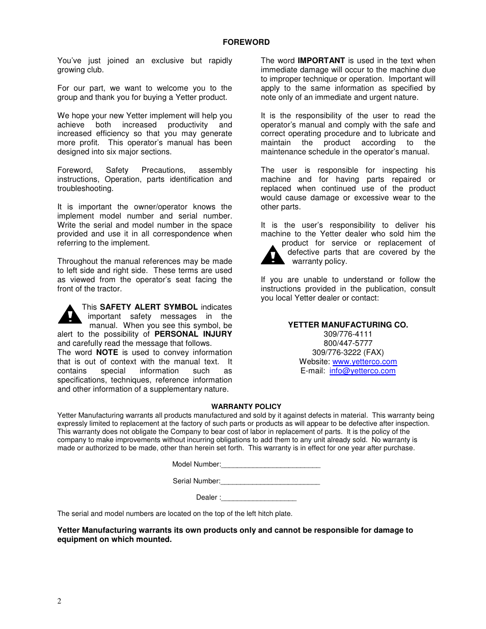 Yetter 6300 Coulter Cart User Manual | Page 2 / 36