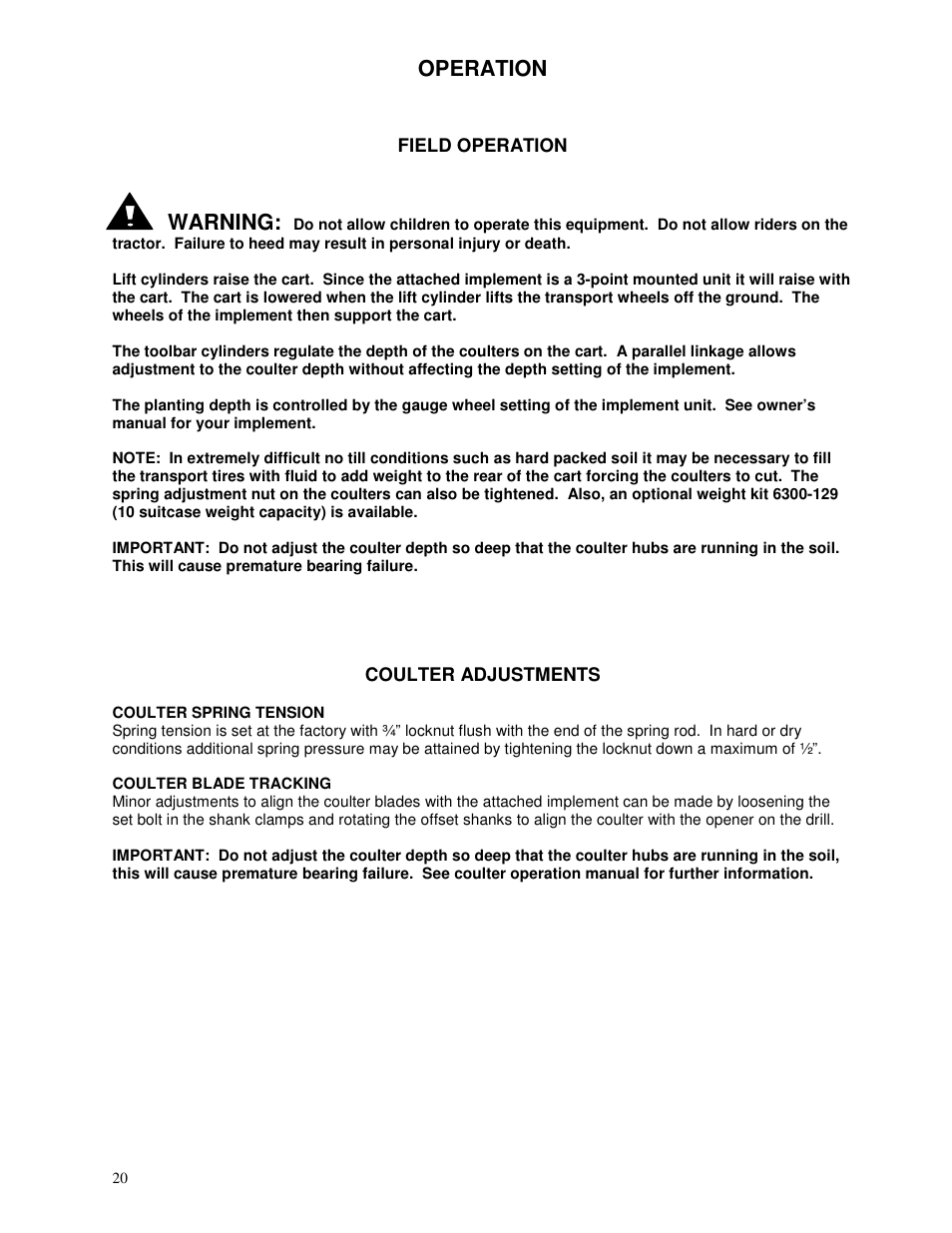 Operation, Warning | Yetter 6300 Coulter Cart User Manual | Page 20 / 36