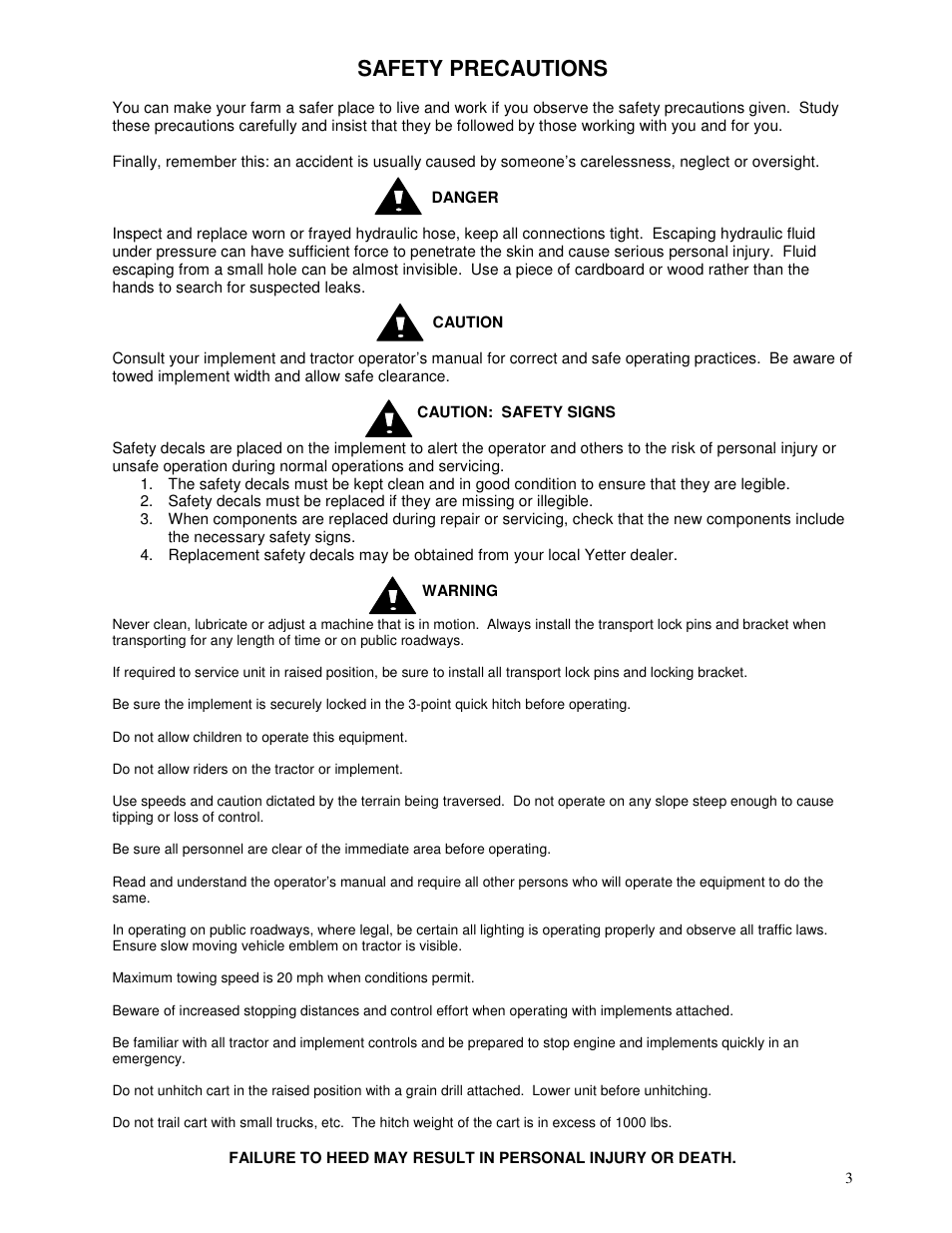 Safety precautions | Yetter 6300 Coulter Cart User Manual | Page 3 / 36