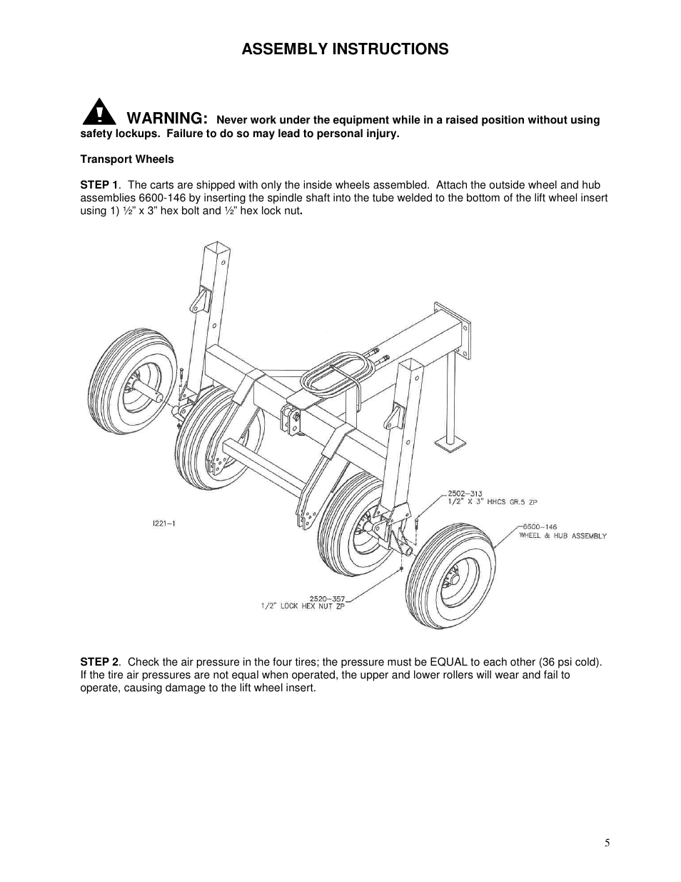 Assembly instructions warning | Yetter 6300 Coulter Cart User Manual | Page 5 / 36