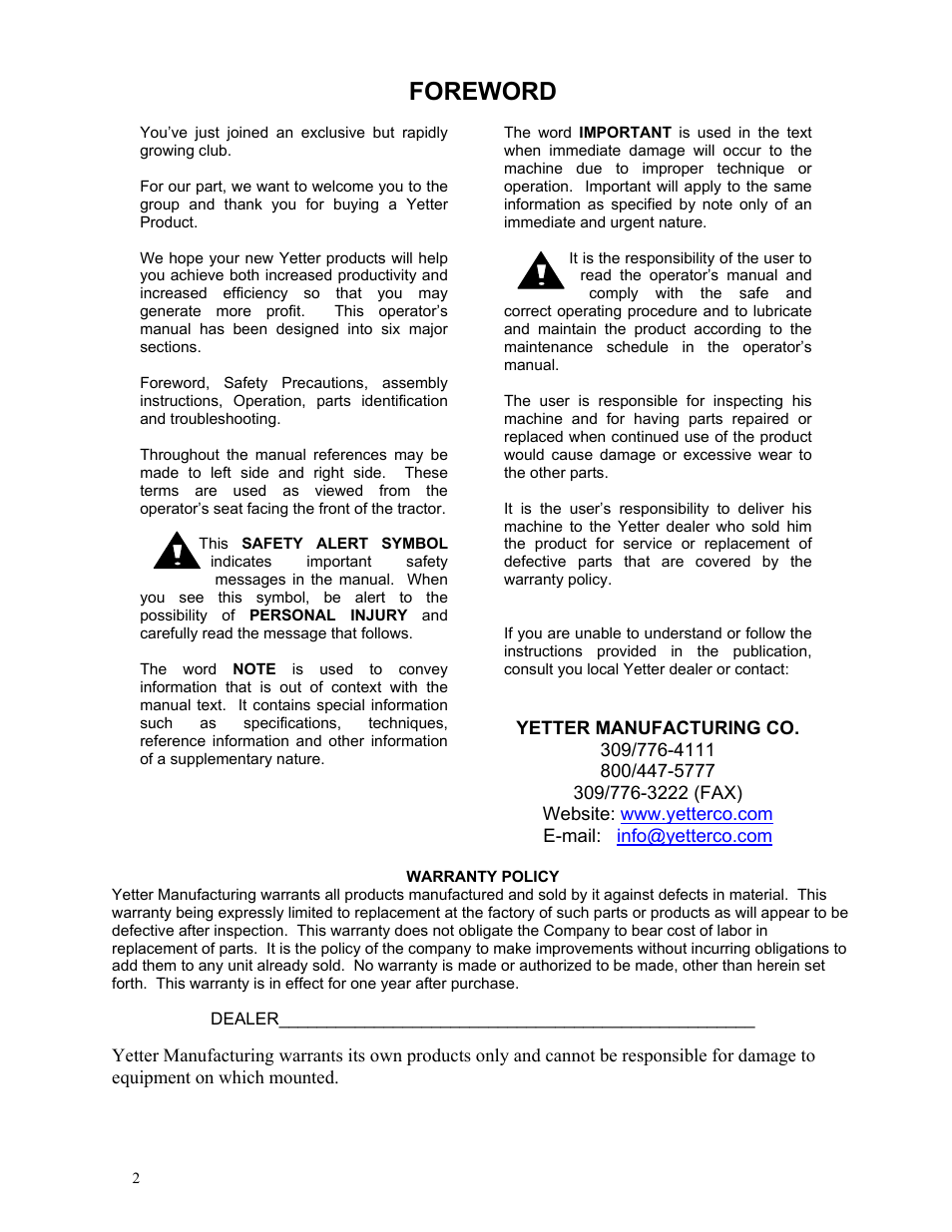 Foreword | Yetter Narrow Row Single Wheel Residue Manager User Manual | Page 2 / 16