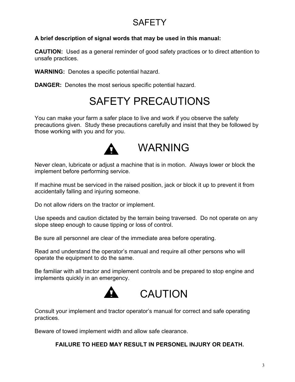 Safety precautions, Warning, Caution | Safety | Yetter Narrow Row Single Wheel Residue Manager User Manual | Page 3 / 16