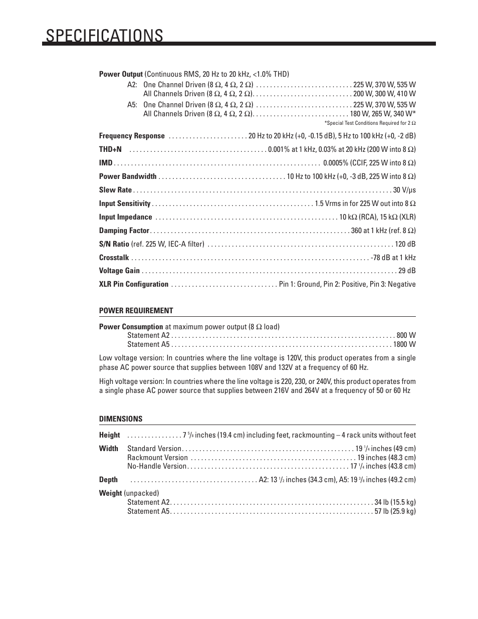 Specifications | Anthem A2 User Manual | Page 8 / 10