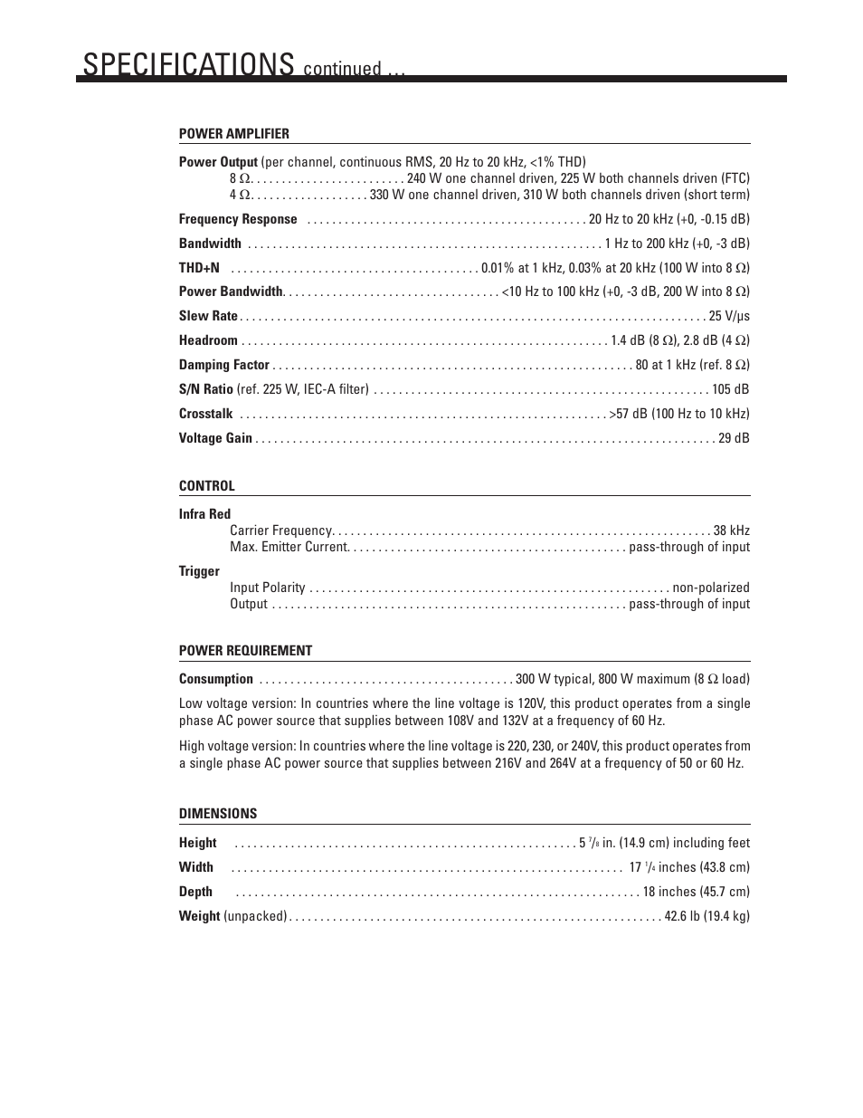 Specifications, Continued | Anthem Integrated 225 User Manual | Page 13 / 16