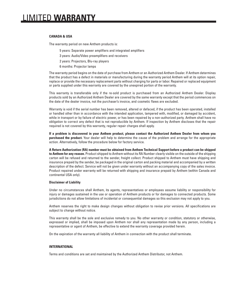 Limited warranty | Anthem Integrated 225 User Manual | Page 14 / 16