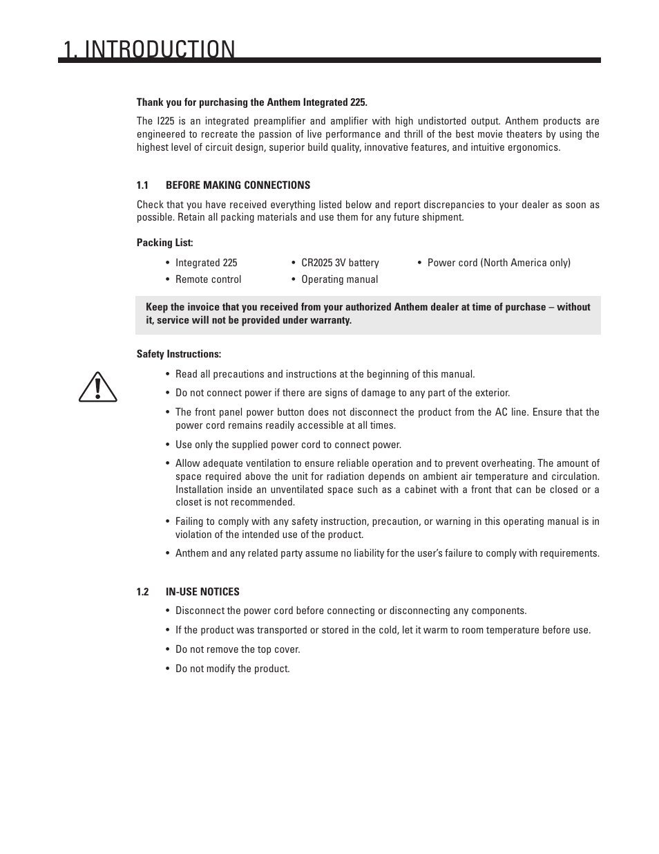 Introduction | Anthem Integrated 225 User Manual | Page 5 / 16