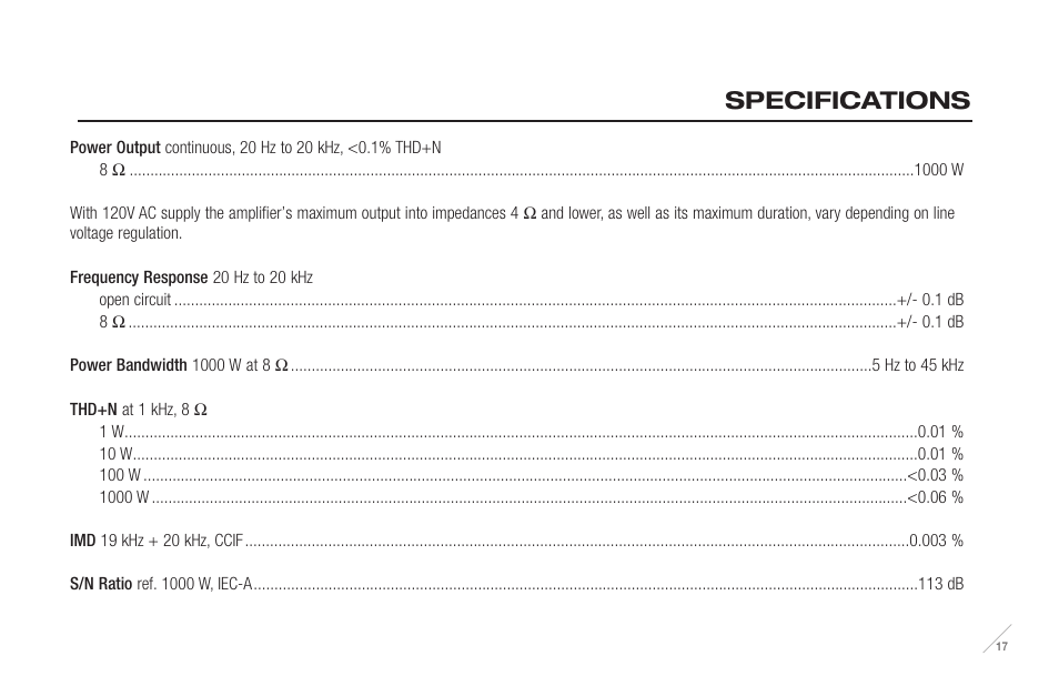 Specifications | Anthem M1 User Manual | Page 18 / 24