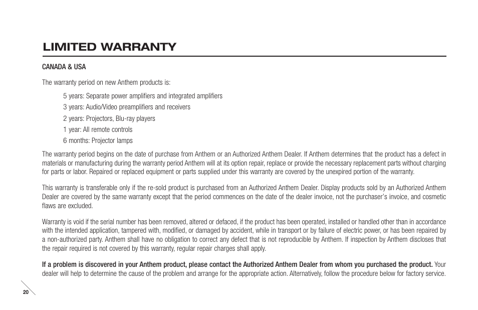 Limited warranty | Anthem M1 User Manual | Page 21 / 24