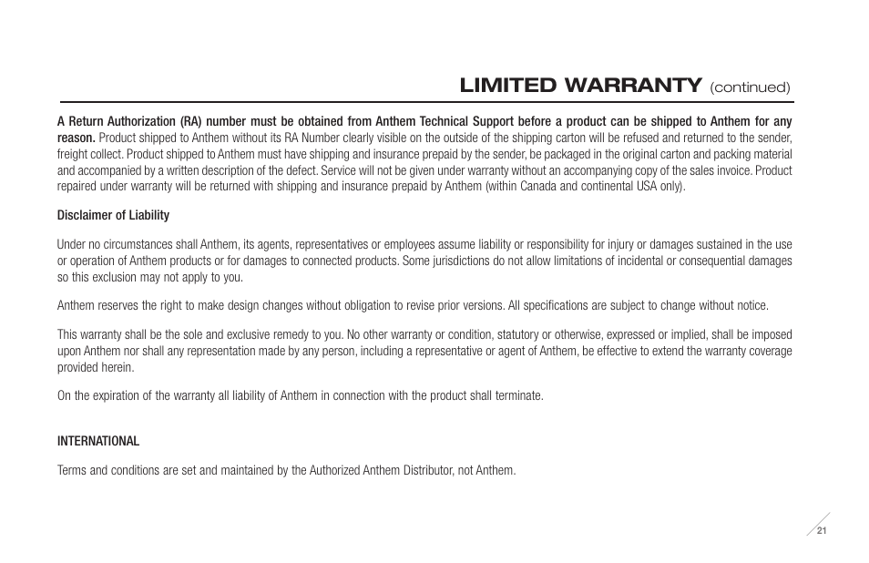 Limited warranty | Anthem M1 User Manual | Page 22 / 24